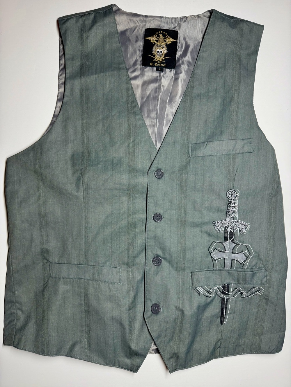 El General Sword Wings Biker Vest Men’s Large Grey Motorcycle Western Style